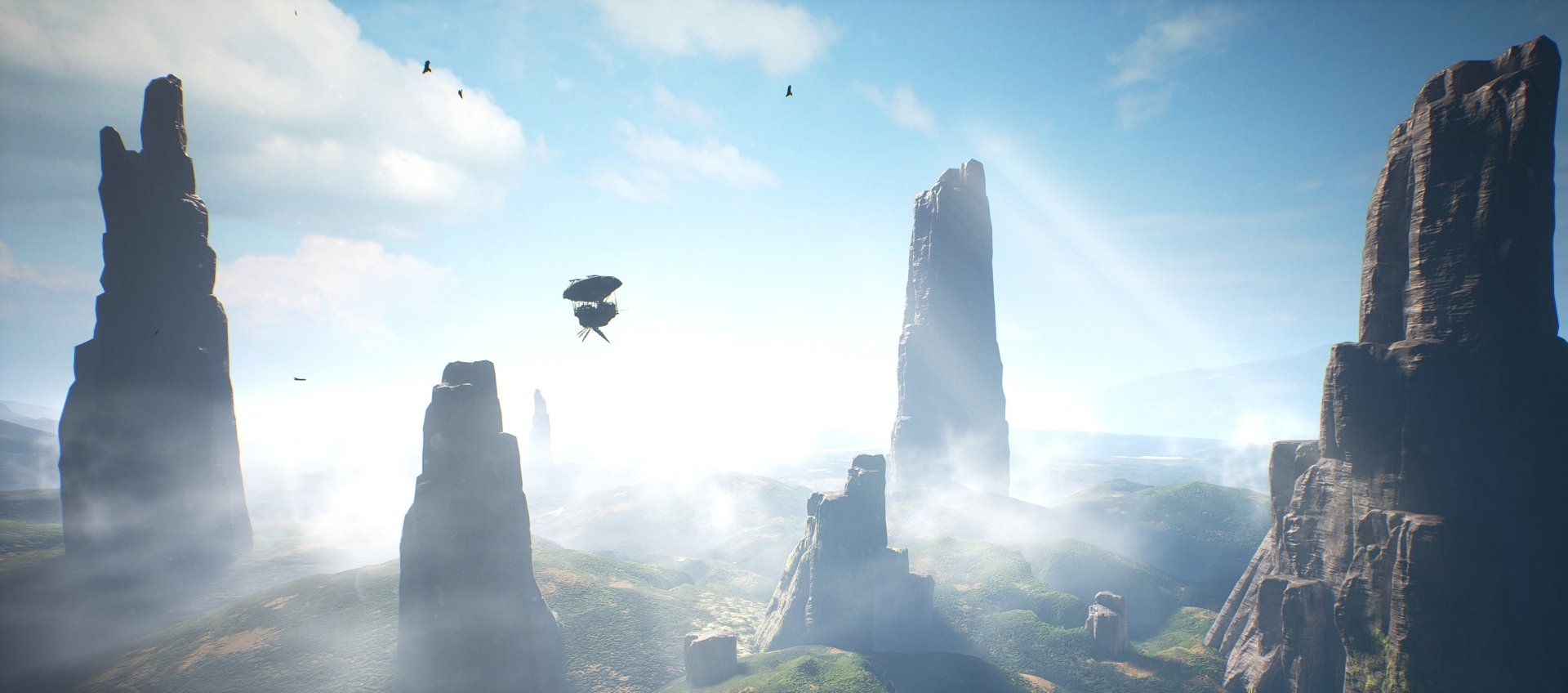 2K Quad HD PC desktop wallpaper from the video game Styx: Shards Of Darkness — bright sky above a misty valley of towering rock spires, hovering airships and distant birds.