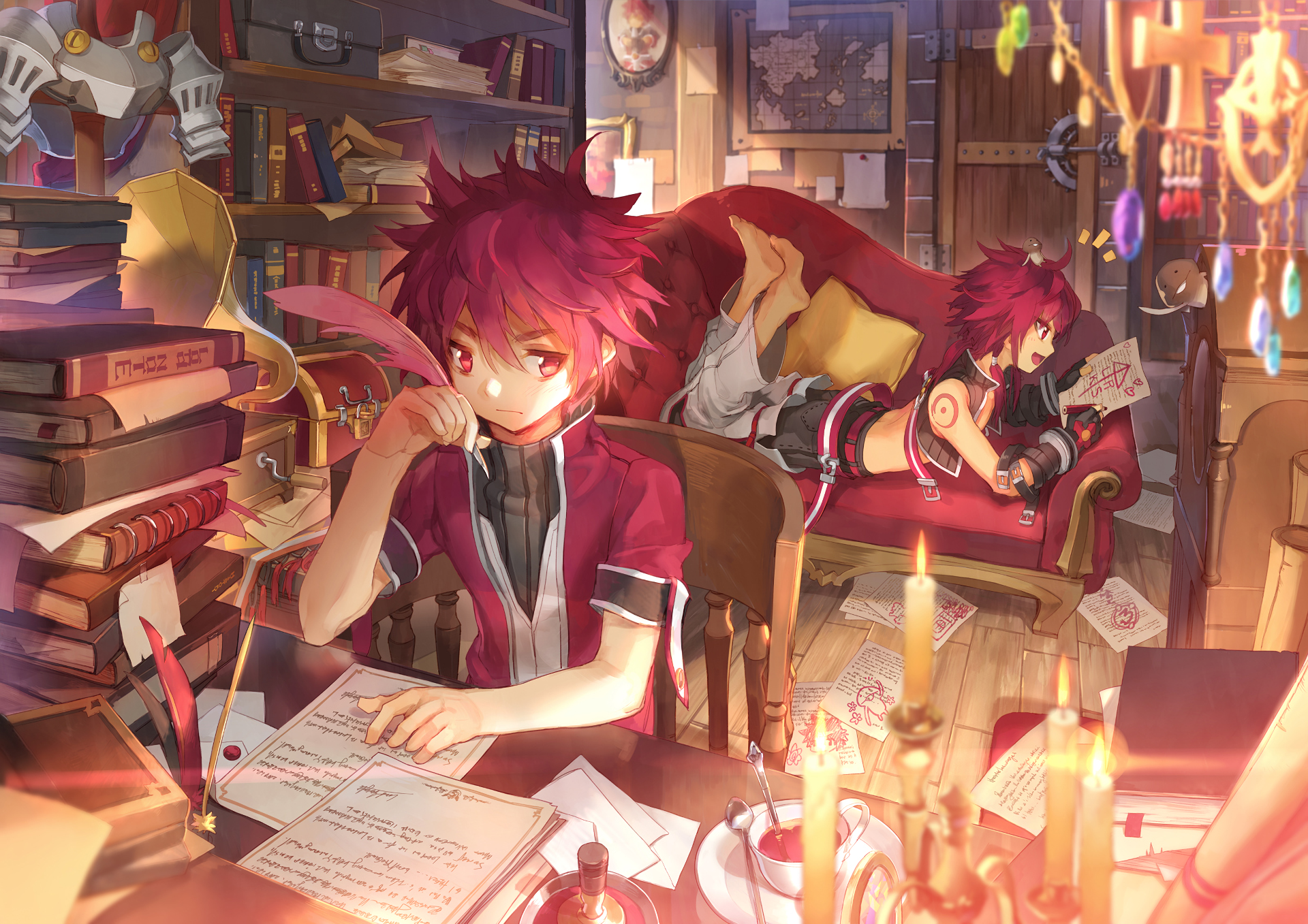 HD PC desktop wallpaper featuring characters from the video game Elsword in a cozy, detailed room filled with books, candles, and warm lighting.