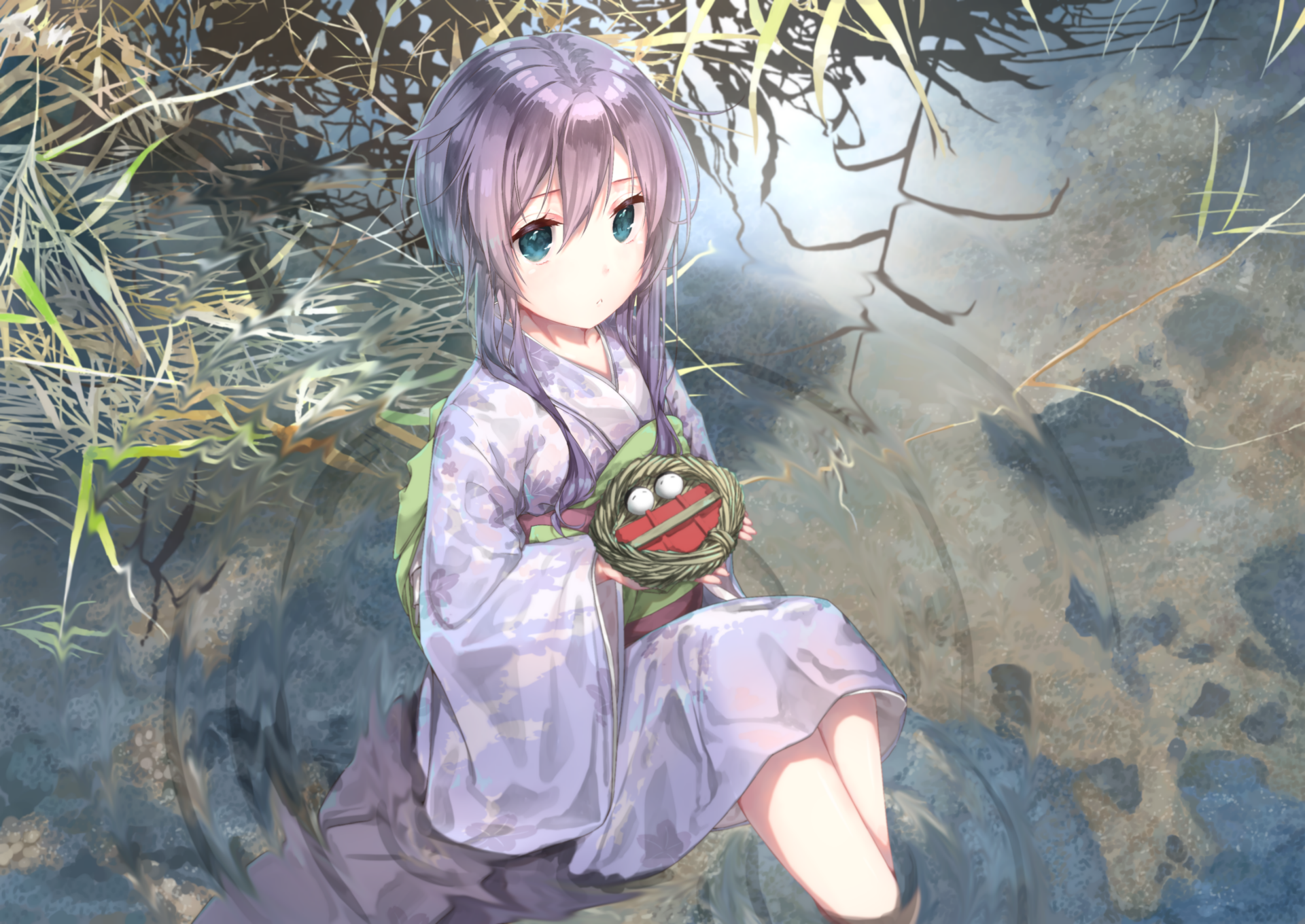 HD PC desktop wallpaper featuring Yayoi from Kantai Collection, depicted in detailed anime style wearing a traditional outfit while holding a small doll.