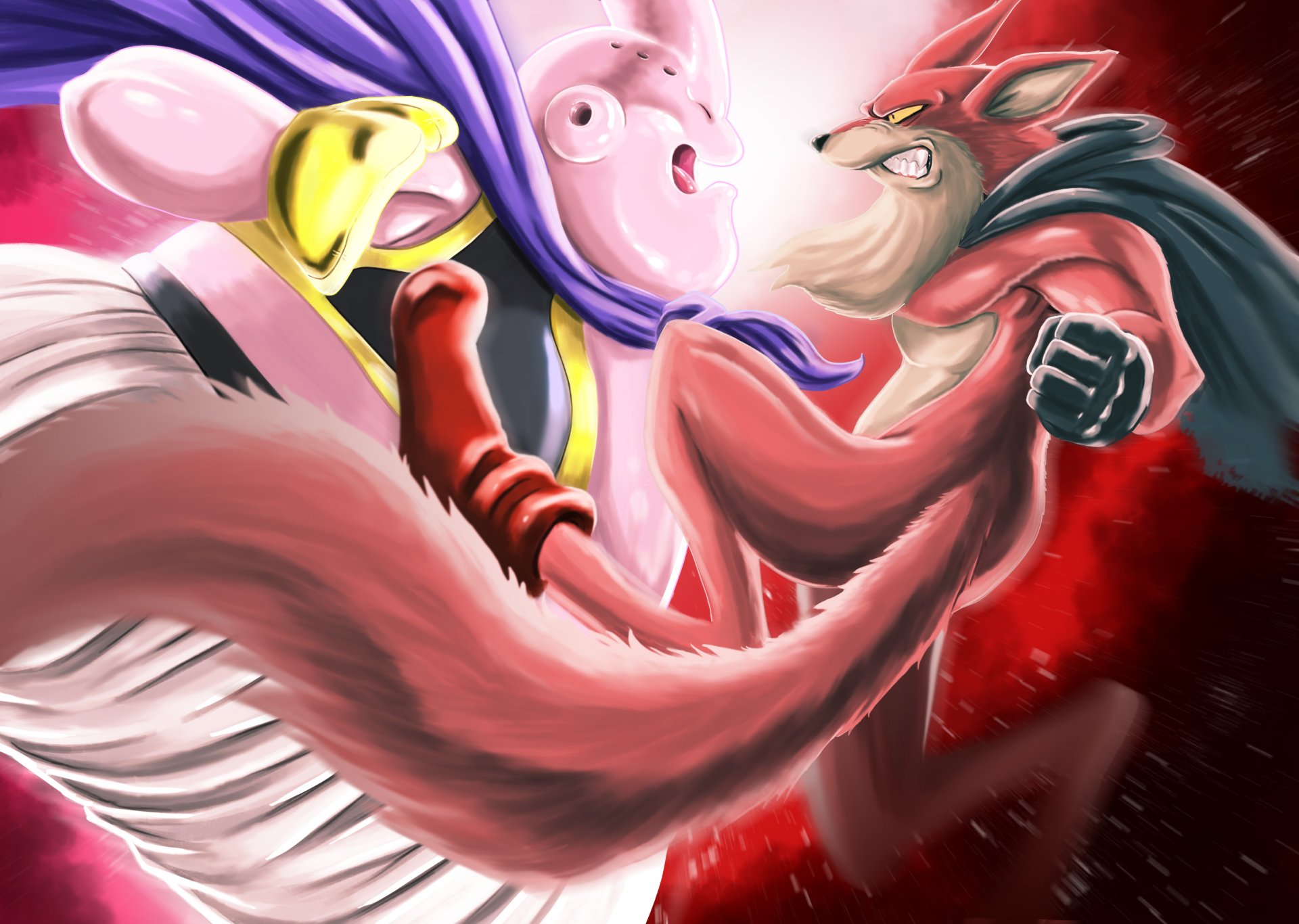 Dynamic 2K Quad HD Dragon Ball Super anime wallpaper of Basil and Majin Buu clashing in a red energy-fueled battle, intense expressions and dynamic motion.