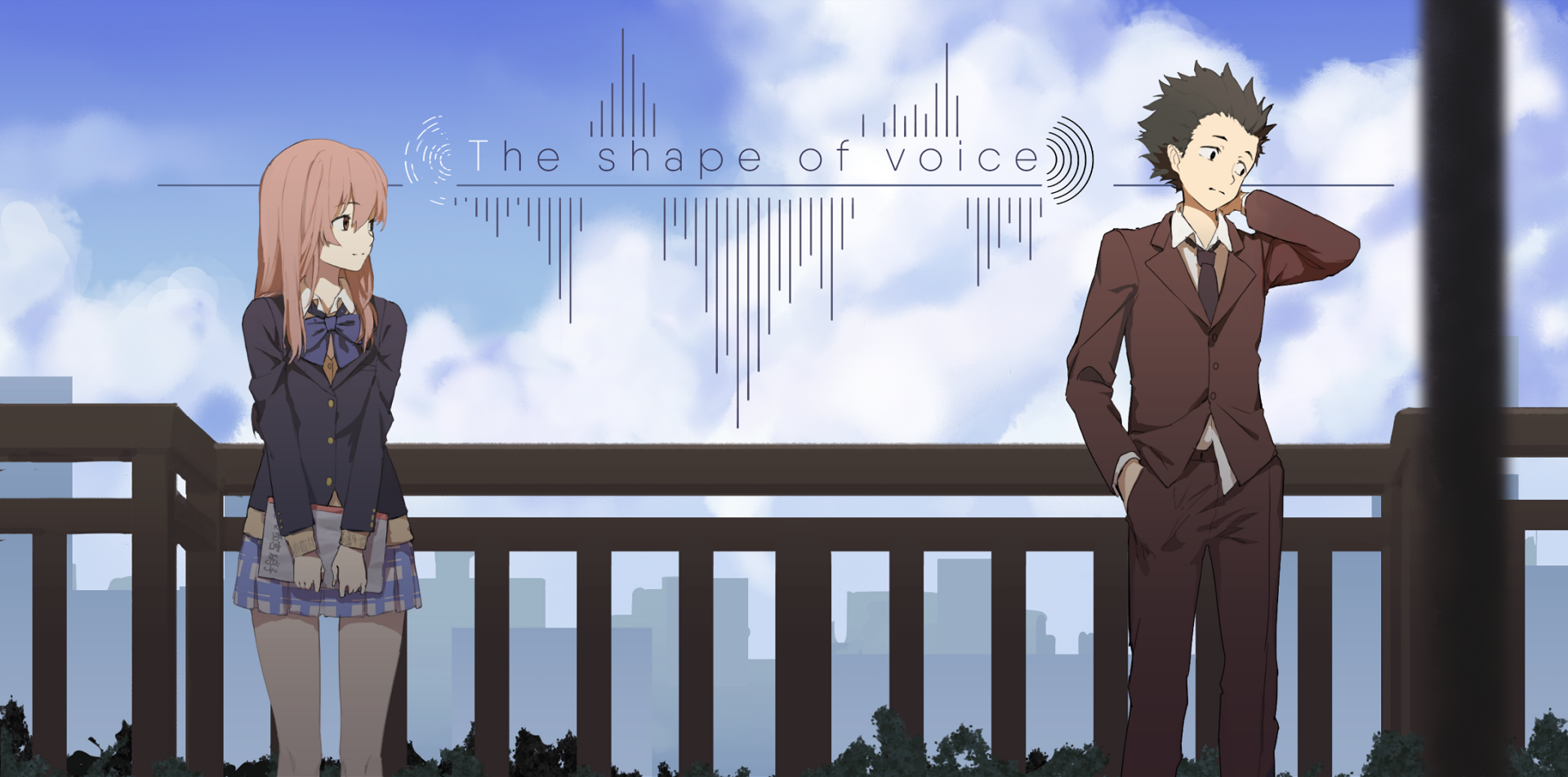 HD desktop wallpaper of Shouya Ishida and Shouko Nishimiya from A Silent Voice anime, featuring them standing against a railing with a sky and cityscape background.