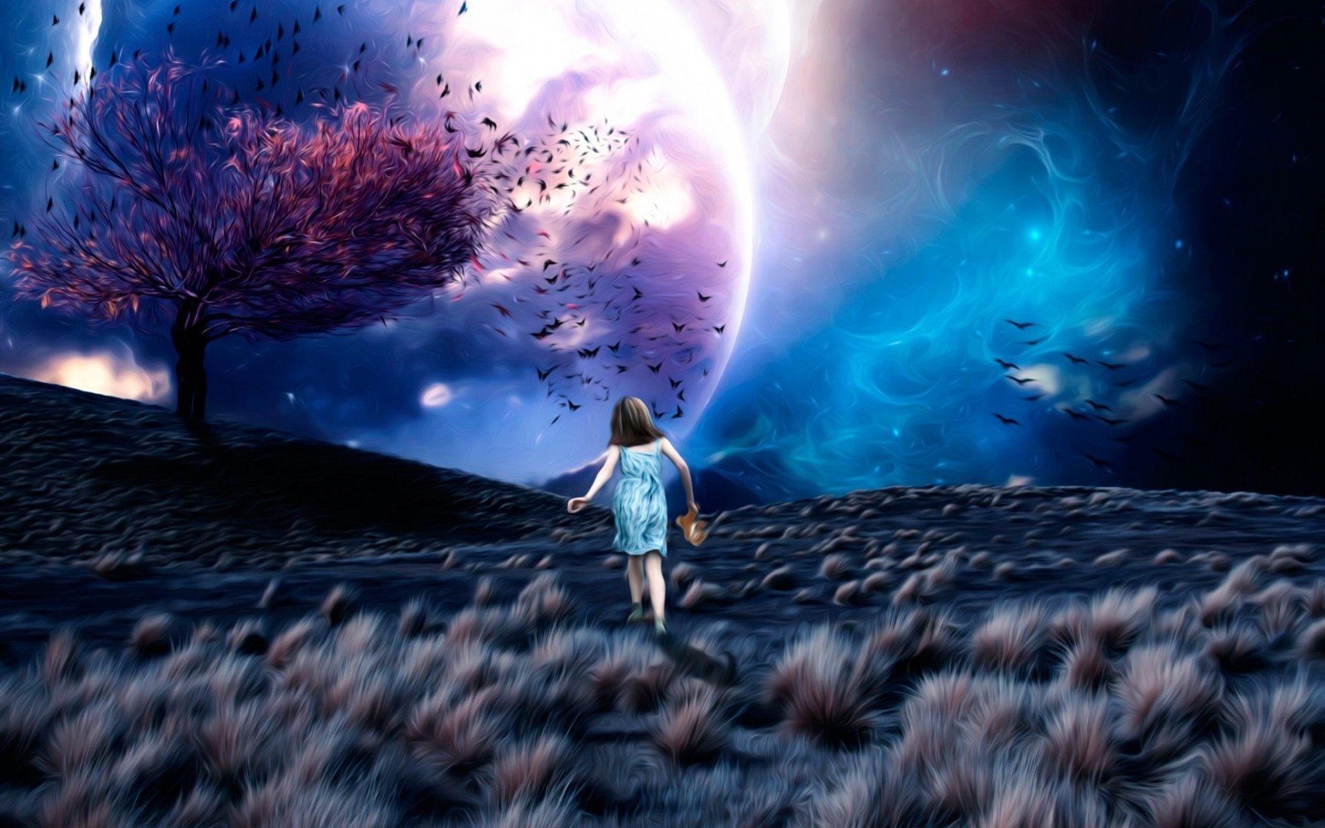 Download Little Girl Bird Planet Sky Purple Tree Fantasy Artistic Child HD Wallpaper