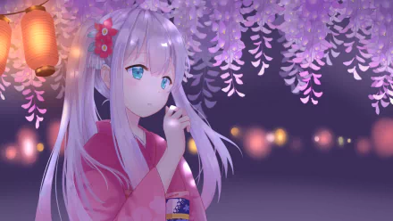 HD desktop wallpaper of Sagiri Izumi from the anime EroManga-Sensei, featuring her in a traditional outfit with a serene background of hanging flowers and lanterns.