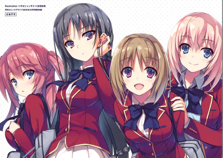 HD desktop wallpaper featuring Suzune Horikita and Kikyō Kushida from the anime Classroom of the Elite. The characters are in school uniforms, smiling and posing together.