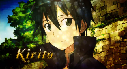 HD PC desktop wallpaper featuring Kirito from the anime Sword Art Online, set against a sunlit stone wall and greenery background.