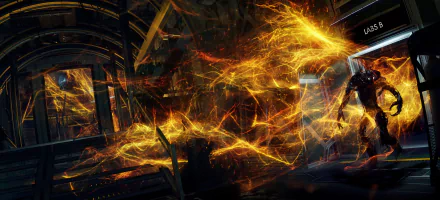 Prey (Video Game) video game 4K Ultra HD PC desktop wallpaper: blazing orange energy tendrils rip through a dark space-station corridor as a silhouetted figure faces an alien threat.