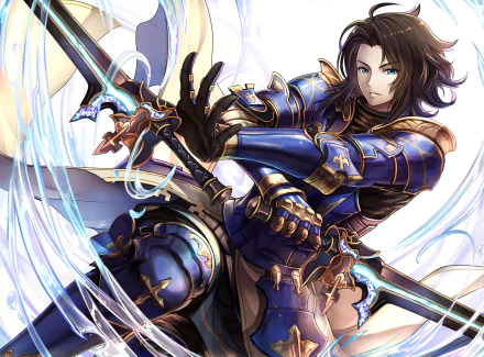 Lancelot (Granblue Fantasy) in ornate blue armor, anime-style HD PC desktop wallpaper and background — dynamic sword pose with flowing ribbons and dramatic lighting.
