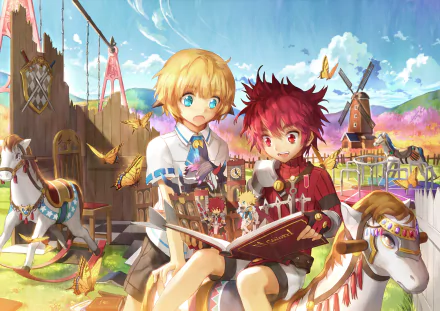 HD PC desktop wallpaper featuring vibrant artwork of Elsword video game characters reading a book in a lively, colorful medieval fair setting.