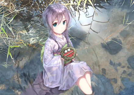 HD PC desktop wallpaper featuring Yayoi from Kantai Collection, depicted in detailed anime style wearing a traditional outfit while holding a small doll.