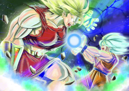 HD desktop wallpaper featuring an intense battle between Kale and Super Saiyan Blue Goku from Dragon Ball Super, showcasing vibrant colors and dynamic action.