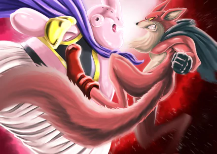 Dynamic 2K Quad HD Dragon Ball Super anime wallpaper of Basil and Majin Buu clashing in a red energy-fueled battle, intense expressions and dynamic motion.