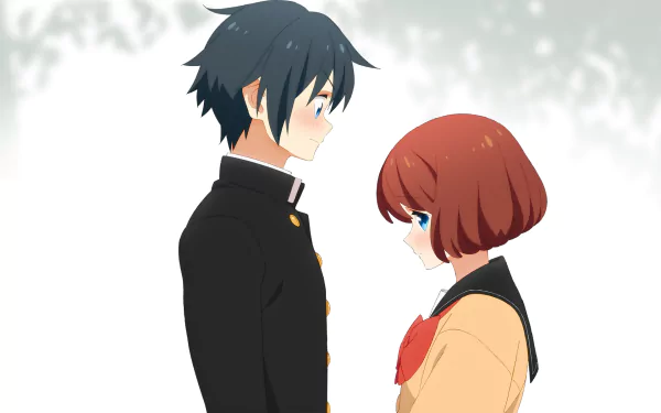 Anime HD PC wallpaper featuring two characters from Tsurezure Children, a boy and a girl facing each other with a soft, blurred background.