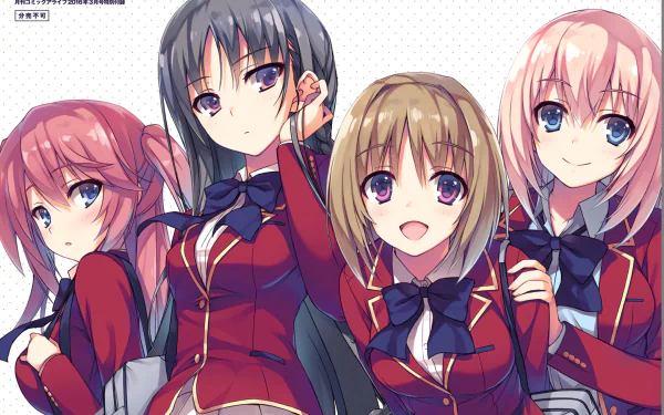 HD desktop wallpaper featuring Suzune Horikita and Kikyō Kushida from the anime Classroom of the Elite. The characters are in school uniforms, smiling and posing together.