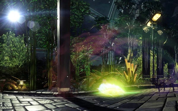 HD PC desktop wallpaper from Prey (Video Game): moonlit, overgrown space‑station atrium with trees and lamplights, beams of light and a glowing green alien biomass pooling on tiled flooring.