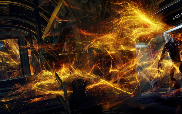 Prey (Video Game) video game 4K Ultra HD PC desktop wallpaper: blazing orange energy tendrils rip through a dark space-station corridor as a silhouetted figure faces an alien threat.