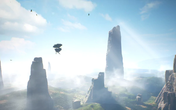 2K Quad HD PC desktop wallpaper from the video game Styx: Shards Of Darkness — bright sky above a misty valley of towering rock spires, hovering airships and distant birds.