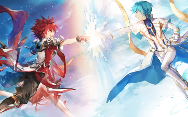 HD PC desktop wallpaper featuring two vibrant characters from the video game Elsword, reaching out toward each other against a dynamic, glowing background.