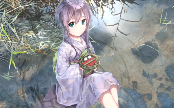 HD PC desktop wallpaper featuring Yayoi from Kantai Collection, depicted in detailed anime style wearing a traditional outfit while holding a small doll.