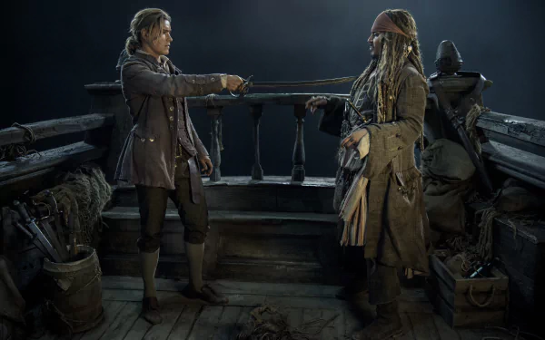 4K Ultra HD wallpaper featuring Brenton Thwaites as Henry Turner and Johnny Depp as Jack Sparrow from Pirates of the Caribbean: Dead Men Tell No Tales.