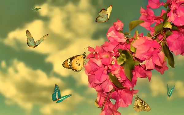 Manipulated HD desktop wallpaper: pink bougainvillea blossoms with colorful butterflies fluttering in spring light against a soft cloudy sky.