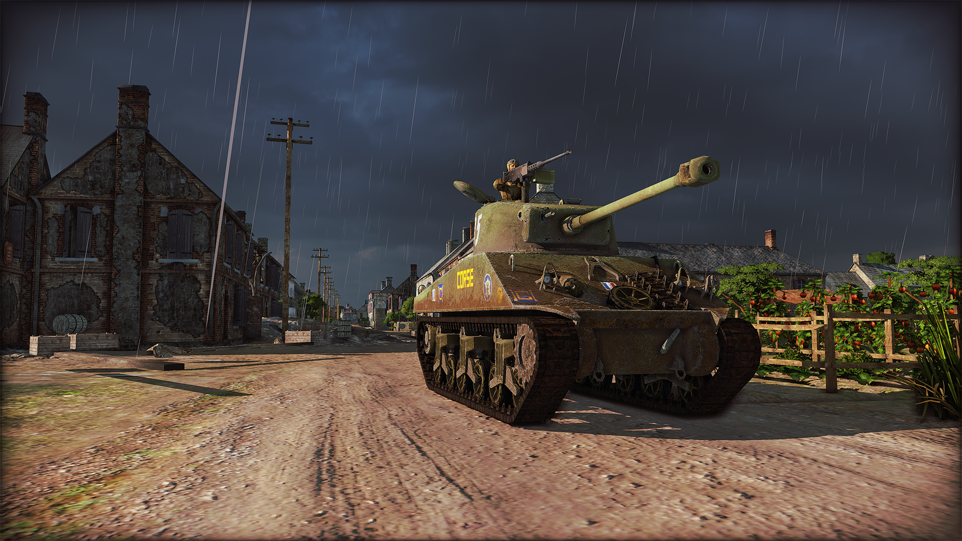 HD wallpaper from Steel Division: Normandy 44 showing a tank on a rainy village street.