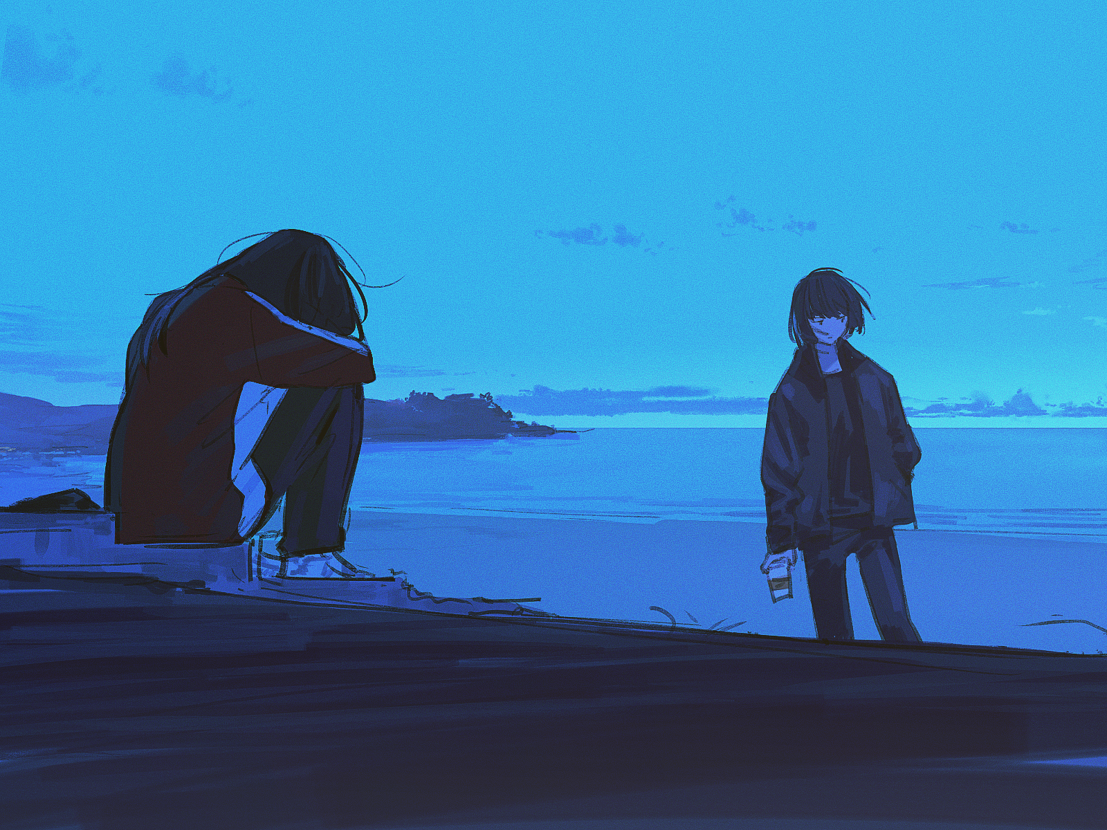 HD anime-style original PC desktop wallpaper depicting two characters by a calm blue lakeside during twilight.