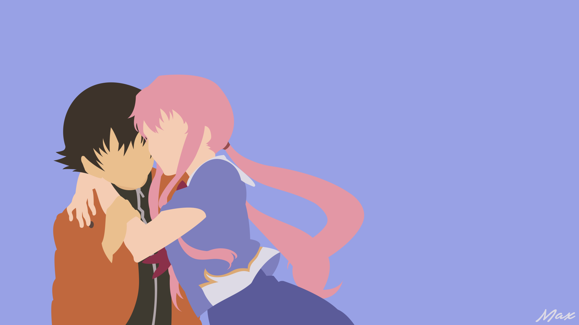 HD wallpaper featuring Yukiteru Amano and Yuno Gasai from the anime Mirai Nikki. The minimalist art style shows Yuno embracing Yukiteru against a light purple background.