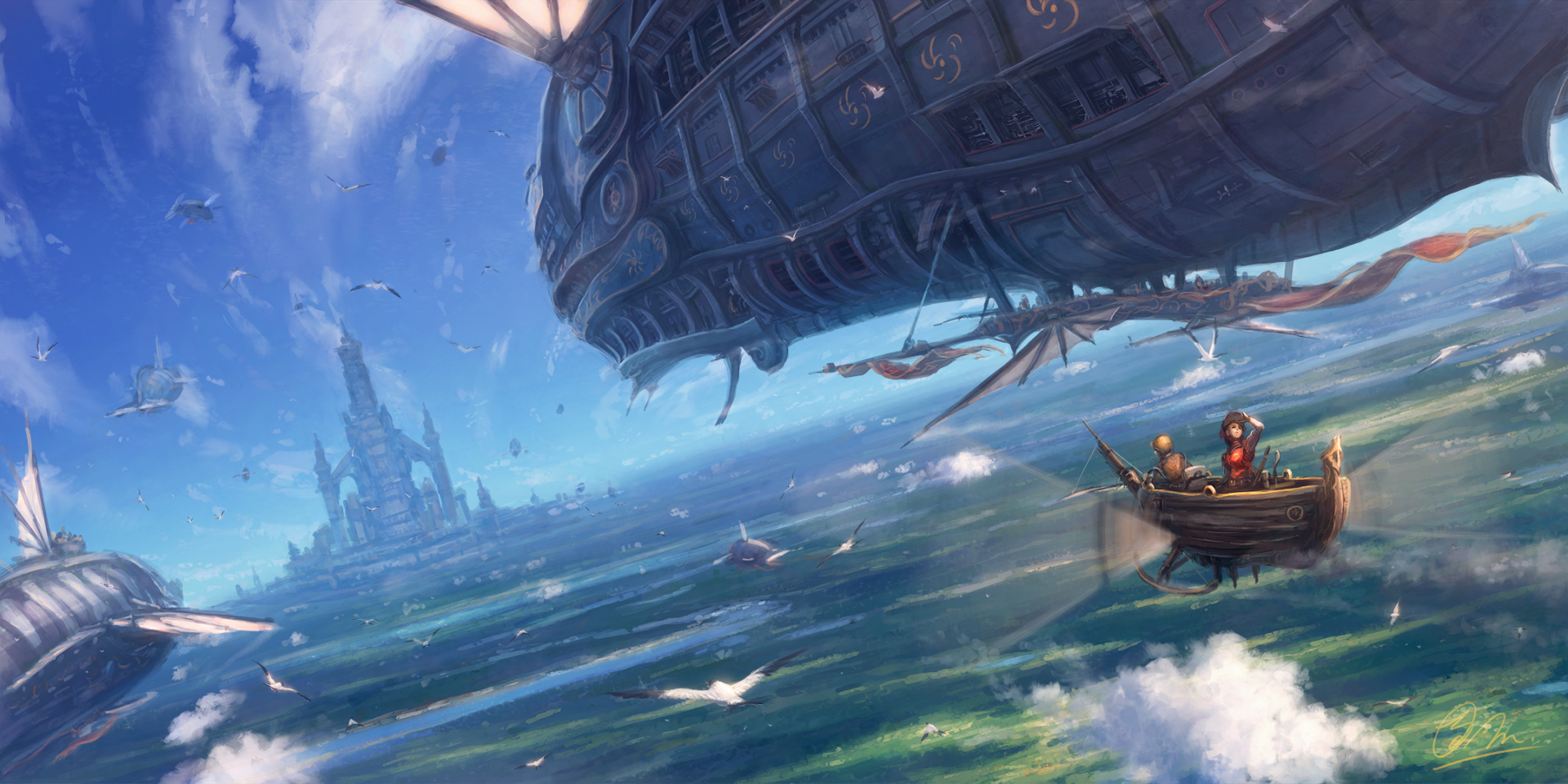 A stunning HD anime wallpaper featuring an original scene of a grand airship gliding above a lush landscape with a distant castle in the background.