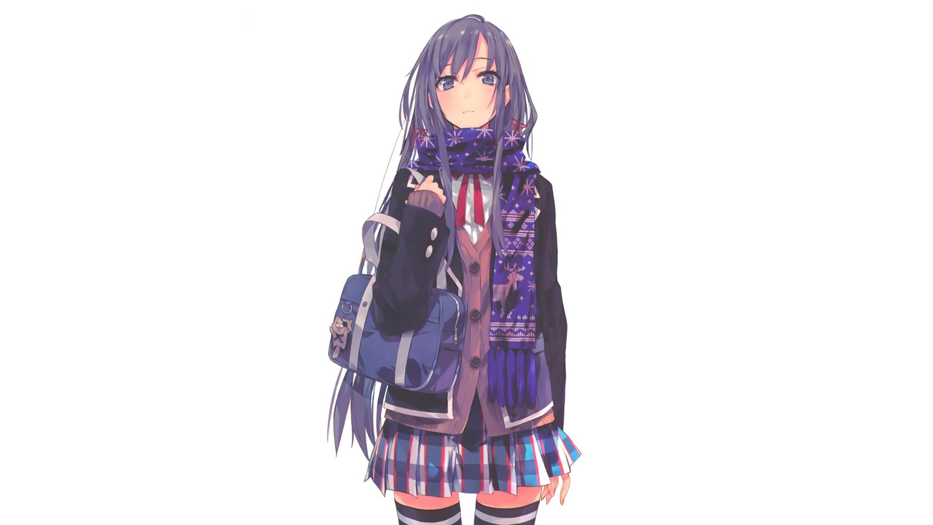 HD PC desktop wallpaper of Yukino Yukinoshita from the anime My Teen Romantic Comedy SNAFU, featuring her in a detailed school outfit with a purple scarf and long dark hair.