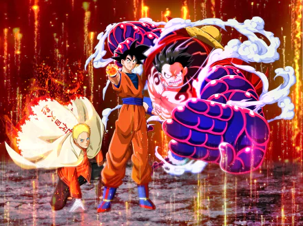 HD desktop wallpaper featuring Monkey D. Luffy, Goku, and Naruto Uzumaki in a vibrant anime crossover scene with fiery background.
