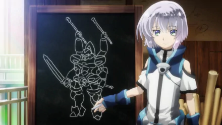 Anime character Ernesti Echevarria from Knight's & Magic stands beside a chalkboard sketch of a mecha, featured in an HD PC desktop wallpaper and background.