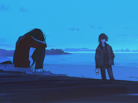HD anime-style original PC desktop wallpaper depicting two characters by a calm blue lakeside during twilight.