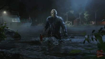 HD desktop wallpaper from Friday the 13th: The Game, featuring Jason Voorhees emerging from a misty lake with a camp in the background.