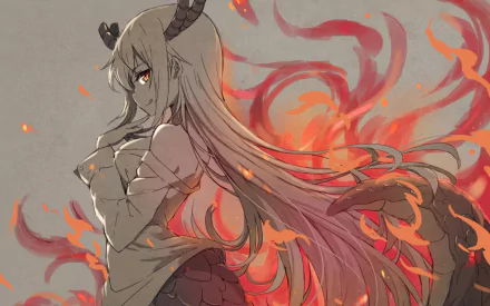 HD desktop wallpaper featuring Tohru from the anime Miss Kobayashi's Dragon Maid. Tohru is depicted with her dragon horns and tail, set against a dynamic background of swirling flames.