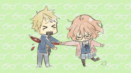 Chibi-style Akihito Kanbara and Mirai Kuriyama from Beyond the Boundary on a green background with white glasses pattern, designed as an HD PC desktop wallpaper.