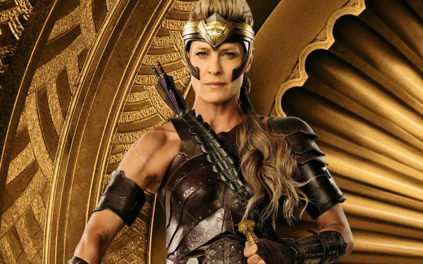A HD desktop wallpaper featuring a character from the movie Wonder Woman, dressed in ornate warrior armor with a golden background.