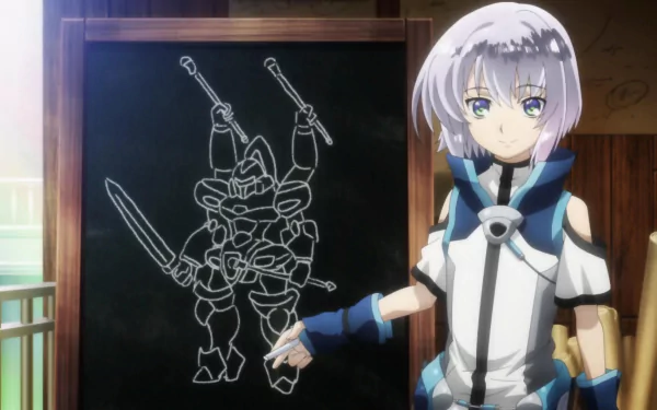 Anime character Ernesti Echevarria from Knight's & Magic stands beside a chalkboard sketch of a mecha, featured in an HD PC desktop wallpaper and background.