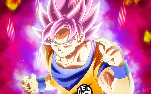Anime-style 8K Ultra HD Dragon Ball Super wallpaper featuring Goku in his powerful Super Saiyan Rosé form with vibrant pink and purple energy effects.