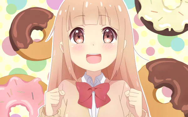 HD PC desktop wallpaper featuring Miyano from the anime Tanaka-kun is Always Listless, surrounded by colorful donuts with a cheerful expression.