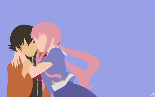HD wallpaper featuring Yukiteru Amano and Yuno Gasai from the anime Mirai Nikki. The minimalist art style shows Yuno embracing Yukiteru against a light purple background.