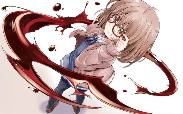 HD PC desktop wallpaper featuring Mirai Kuriyama from the anime Beyond the Boundary, depicted with her signature glasses and red blood sword energy swirling around her.