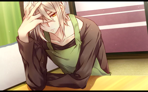 HD anime desktop wallpaper featuring Shirō Ashiya from The Devil Is a Part-Timer! sitting indoors with a thoughtful expression, wearing a green apron.