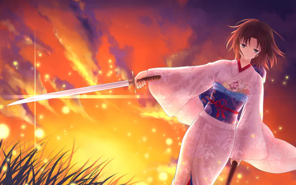 HD PC desktop wallpaper featuring Shiki Ryougi from The Garden of Sinners, holding a glowing sword against a vibrant, fiery sunset background.