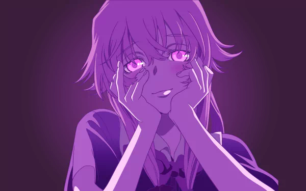 HD desktop wallpaper featuring Yuno Gasai from the anime Mirai Nikki, shown in a purple-toned color palette with her hands on her face and an intense expression.