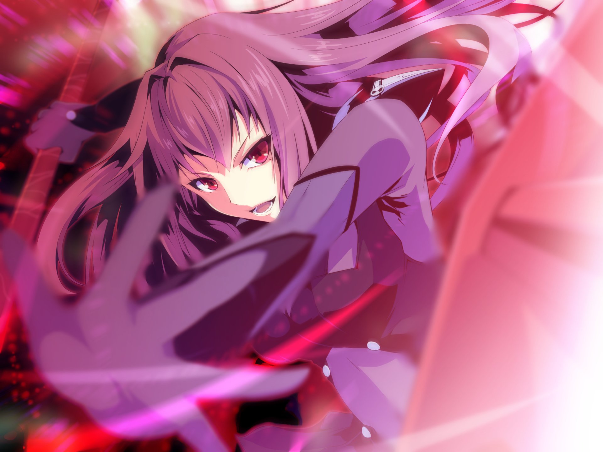 HD desktop wallpaper featuring Scathach from Fate/Grand Order, an anime character with long purple hair and intense crimson eyes, set against a vibrant, dynamic background.