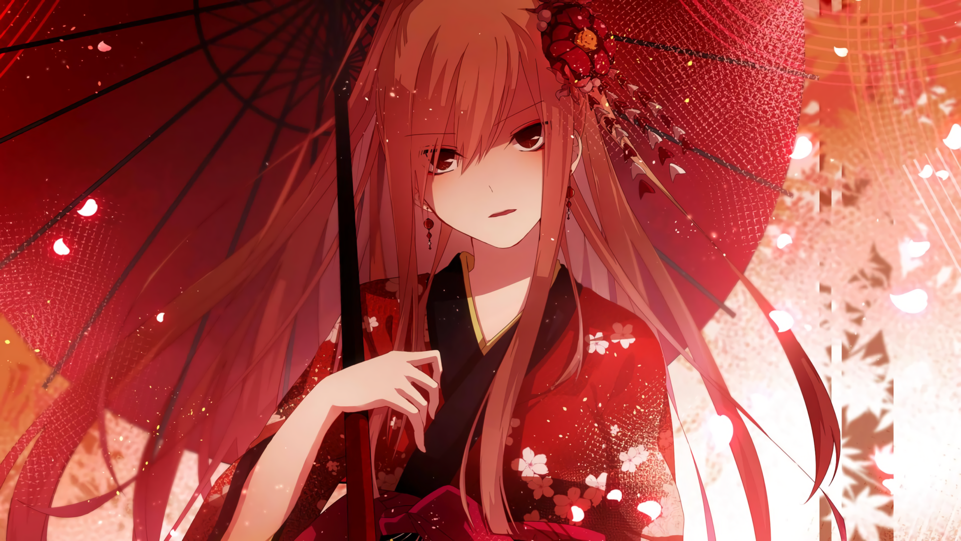 HD desktop wallpaper of an anime girl in a traditional outfit holding a red umbrella with floral accents. The background is designed with soft, glowing light and cherry blossom petals.