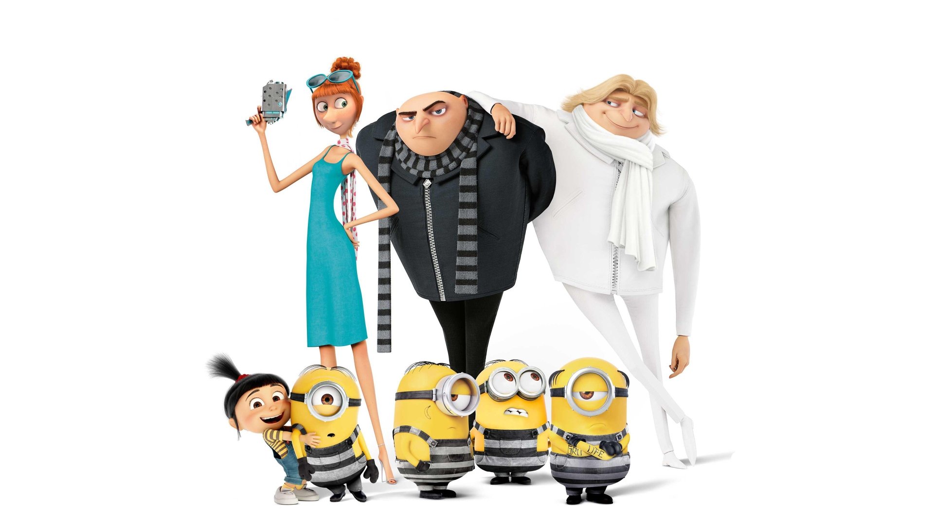 HD desktop wallpaper featuring characters Dru, Agnes, Lucy, Gru, and Minions from Despicable Me 3 standing together.