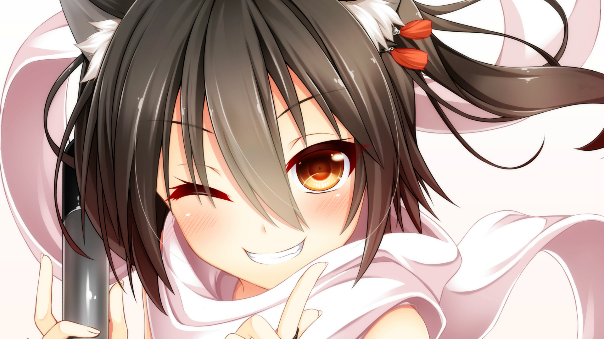 HD anime wallpaper of Sendai from Kantai Collection, featuring a cheerful character with brown hair, orange eyes, and cat ears, smiling and winking against a light background.