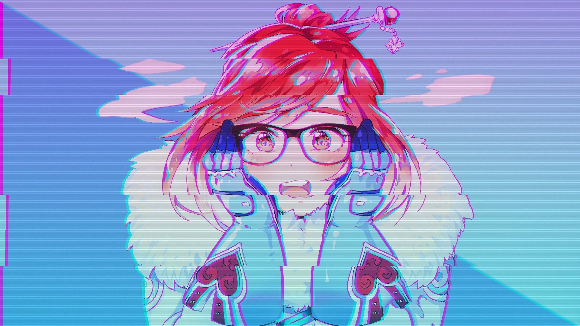 HD PC desktop wallpaper featuring Mei from Overwatch in a colorful, stylized digital artwork with a glitch effect.