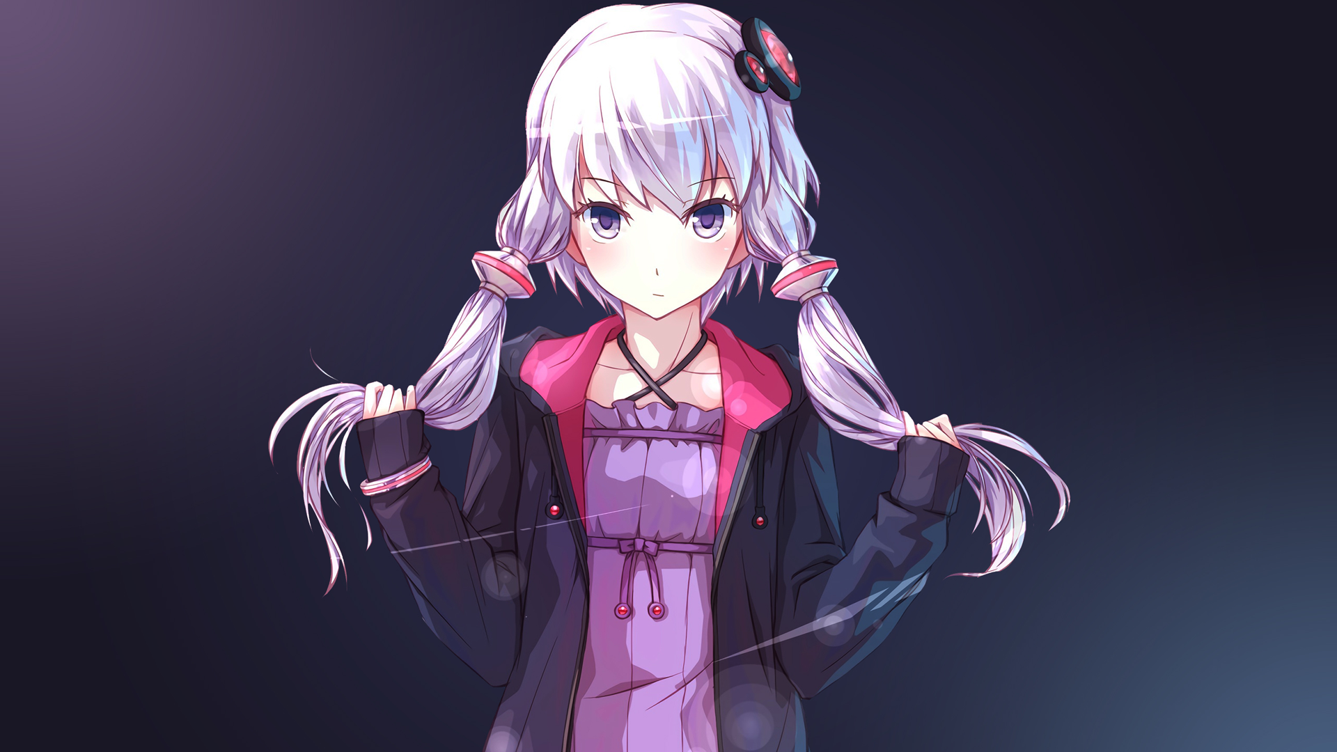 HD PC desktop wallpaper featuring Yuzuki Yukari, an anime-style Vocaloid character with silver hair styled in twin braids, wearing a dark jacket and purple outfit.